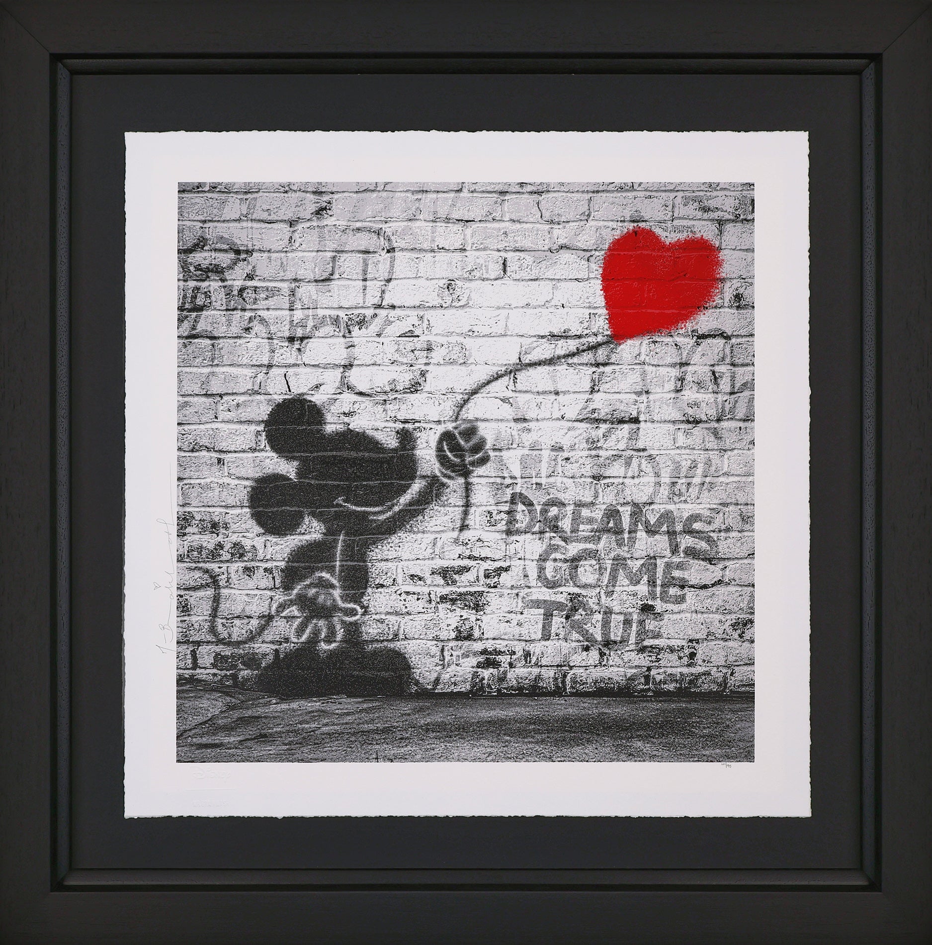 Dreams Come True by Mr. Brainwash – Limited edition Disney collaboration silkscreen print featuring Mickey and Minnie Mouse in a vibrant street art style.