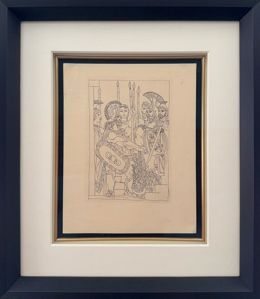 Picasso's etching Accord between the Warriors of Sparta and Athens, a Greek frieze-style composition of soldiers with spears and shields