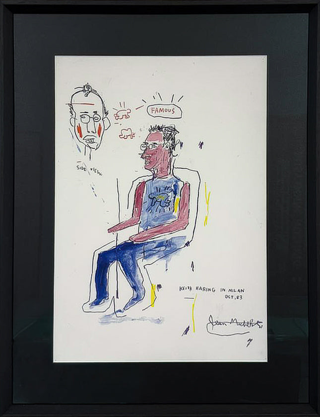 Print reproduction of Jean-Michel Basquiat's 1983 sketch of Keith Haring, captioned Keith Haring in Milan