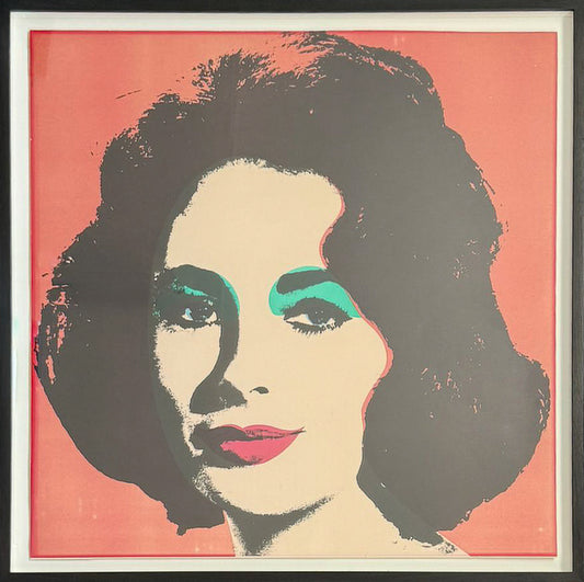 Andy Warhol-style screenprint of Elizabeth Taylor in flat colour blocks, trimmed margins