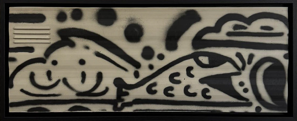 Mr Doodle's Untitled Camper Van Panel, a long narrow panel covered edge to edge in continuous black and white doodles