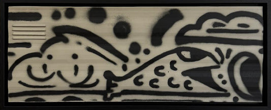 Mr Doodle's Untitled Camper Van Panel, a long narrow panel covered edge to edge in continuous black and white doodles