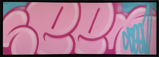 Seen's original spray paint Tag in bubble gum pink, a long sweeping letterform on canvas
