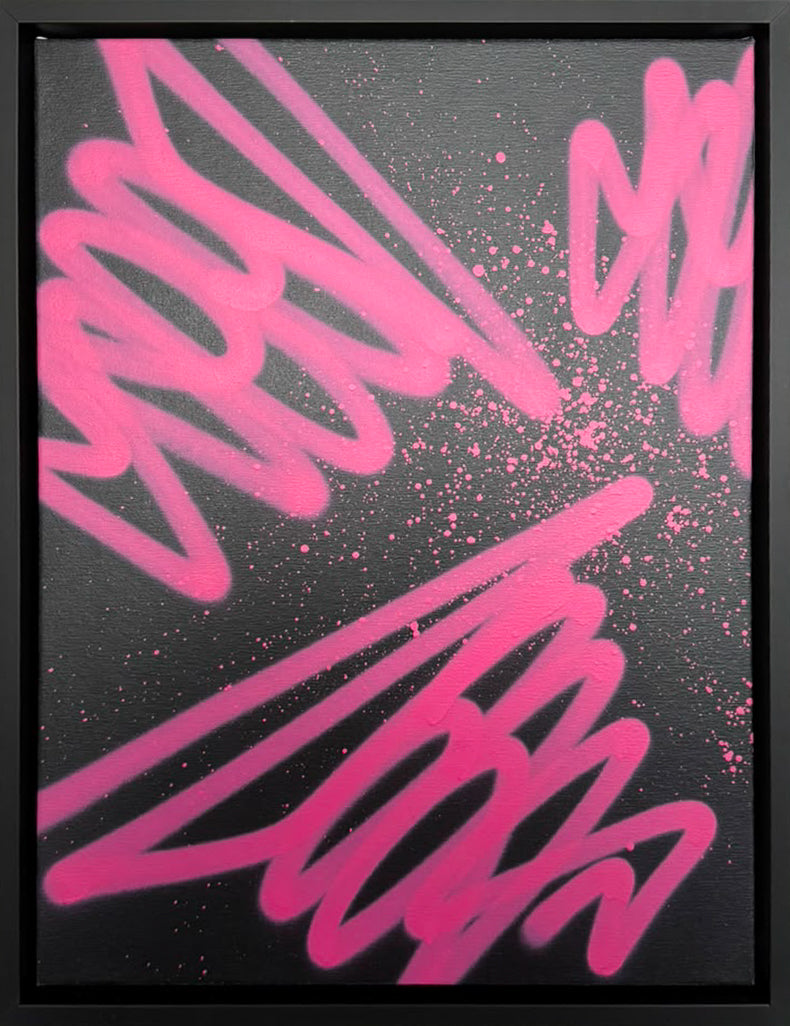 Seen's original spray paint Seen Tag in pink, a sweeping letterform on canvas