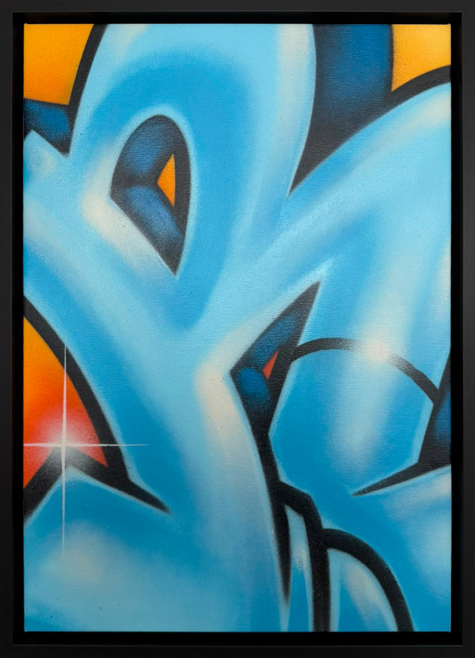 Seen's original R Tag in blue spray paint, a single graffiti letterform on canvas