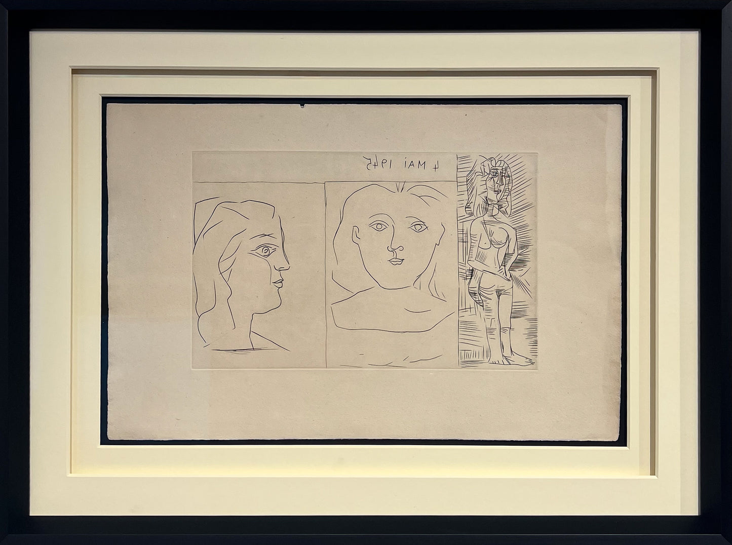 Pablo Picasso etching titled "4 May 1945" featuring three figure studies and dated 4 Mai 1945, presented in a black gallery frame at Creed Gallery Ascot.