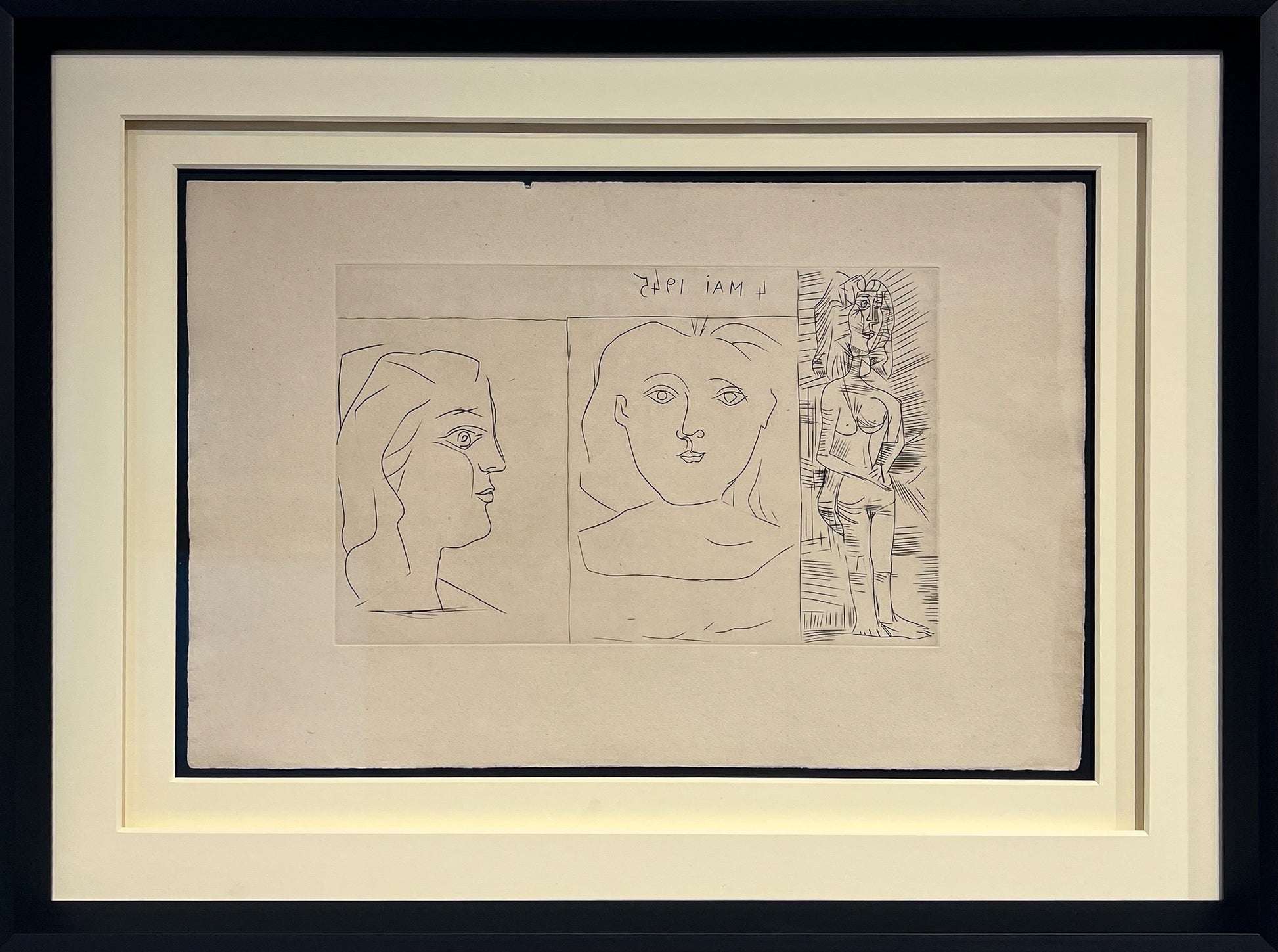 Pablo Picasso etching titled "4 May 1945" featuring three figure studies and dated 4 Mai 1945, presented in a black gallery frame at Creed Gallery Ascot.
