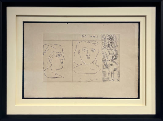 Pablo Picasso etching titled "4 May 1945" featuring three figure studies and dated 4 Mai 1945, presented in a black gallery frame at Creed Gallery Ascot.