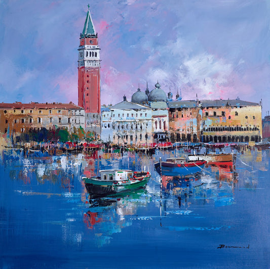 A View of Venice III by Spanish artist Bernard, a semi-abstract Mediterranean seascape featuring vibrant mosaic-style boats on a blue canvas, available at Creed Gallery.