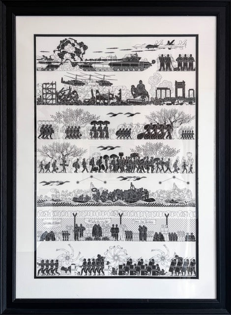 "Odyssey" (2017) by Ai Weiwei, a limited edition offset lithograph depicting the refugee crisis in a classical frieze style, available at Creed Gallery Ascot.