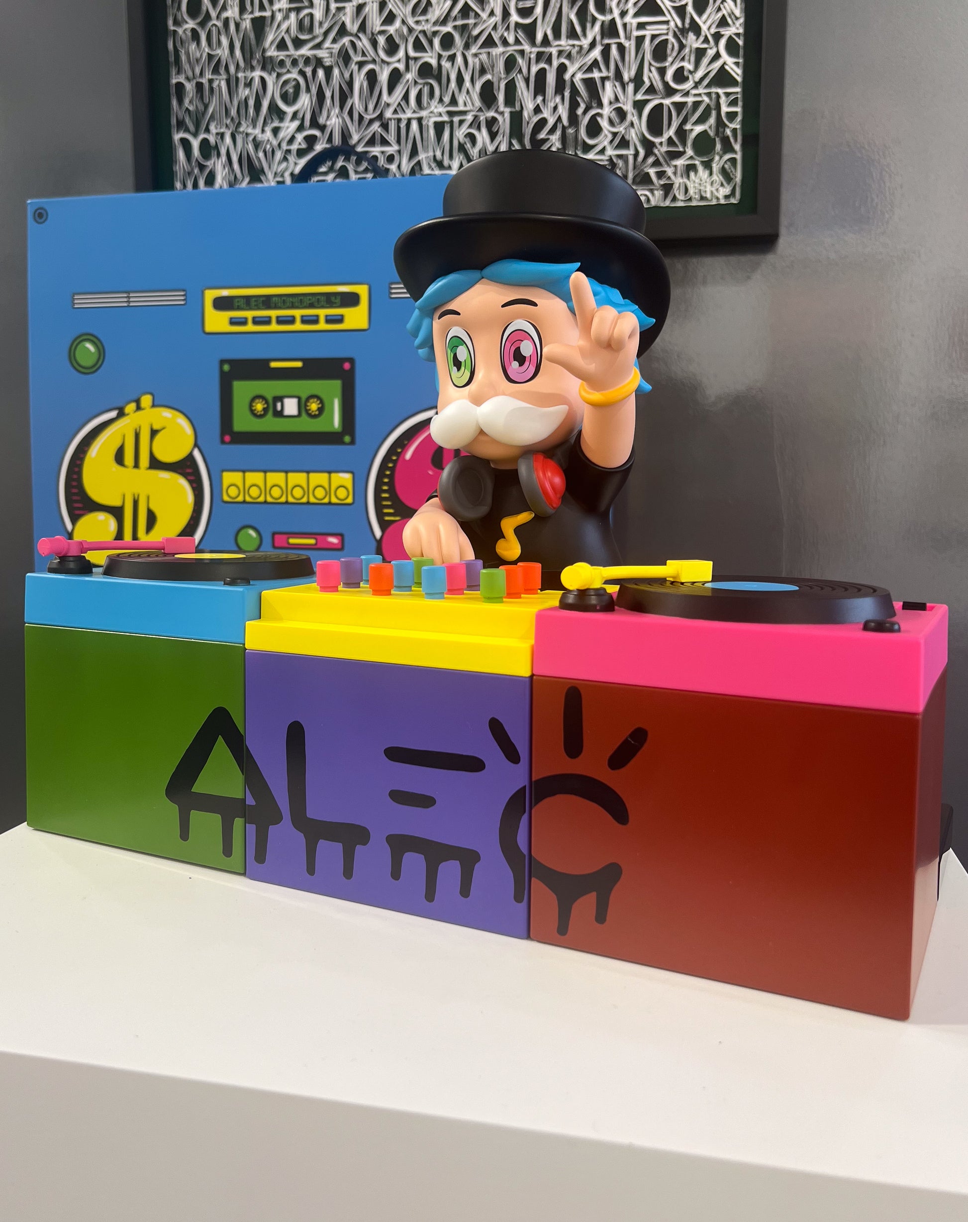 Alec Monopoly DJ Monopz sculpture, Richie Rich DJ character, Creed Gallery Ascot, Berkshire.