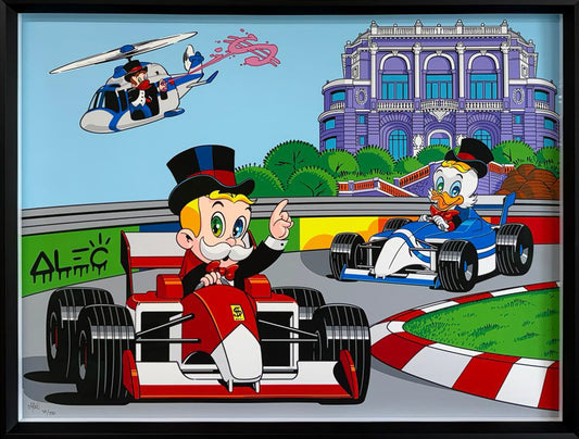 Alec Monopoly's Monaco Grand Prix, a 29-colour silkscreen of Rich Uncle Pennybags trackside at the Formula 1 race