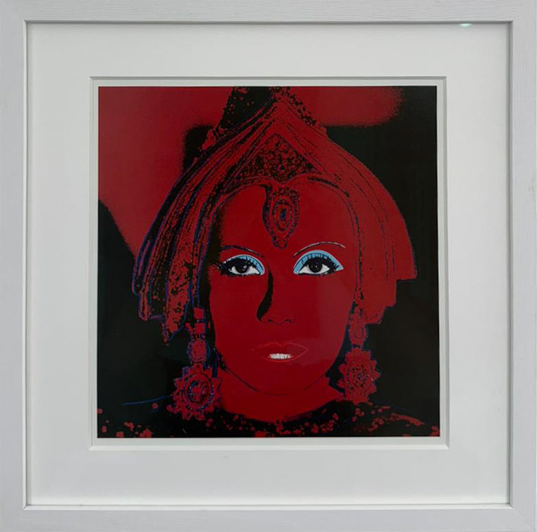 Andy Warhol's Greta Garbo portrait, her face and jewelled headdress rendered in red and black