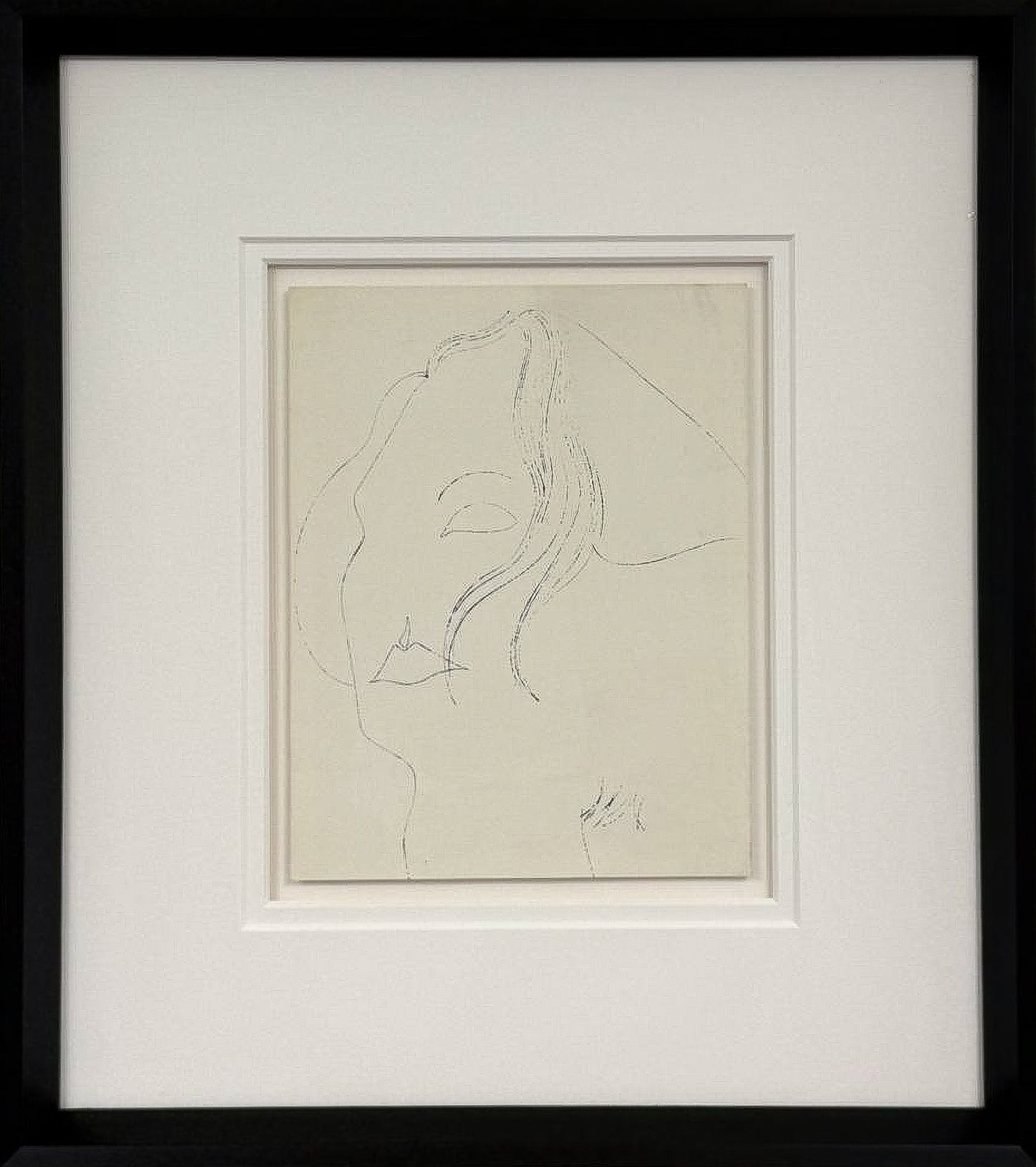 Andy Warhol's 1954 print Happy Greta Garbo Day, a faint pencil-line profile sketch of a woman's face