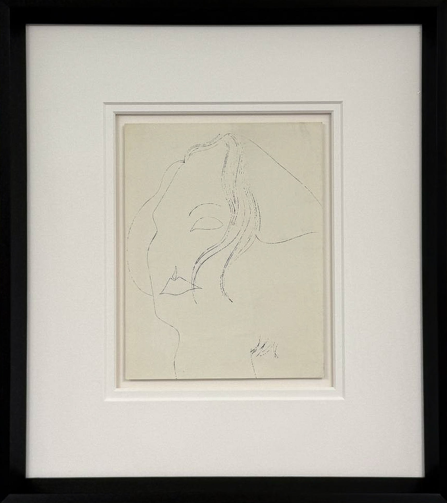 Andy Warhol's 1954 print Happy Greta Garbo Day, a faint pencil-line profile sketch of a woman's face