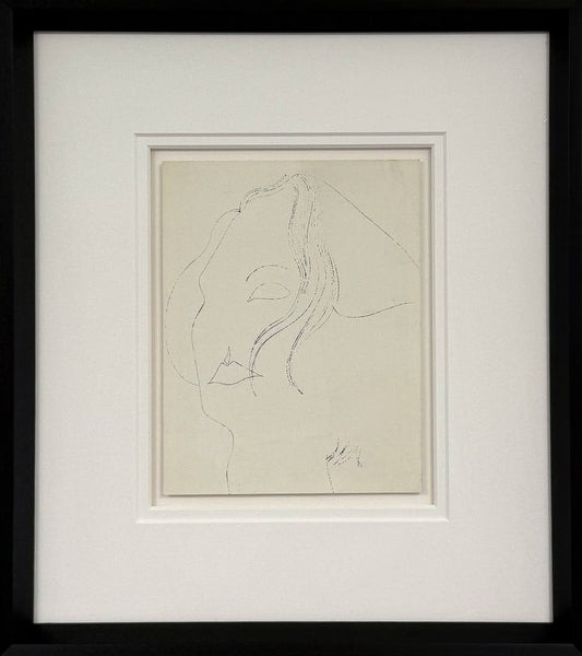 Andy Warhol's 1954 print Happy Greta Garbo Day, a faint pencil-line profile sketch of a woman's face