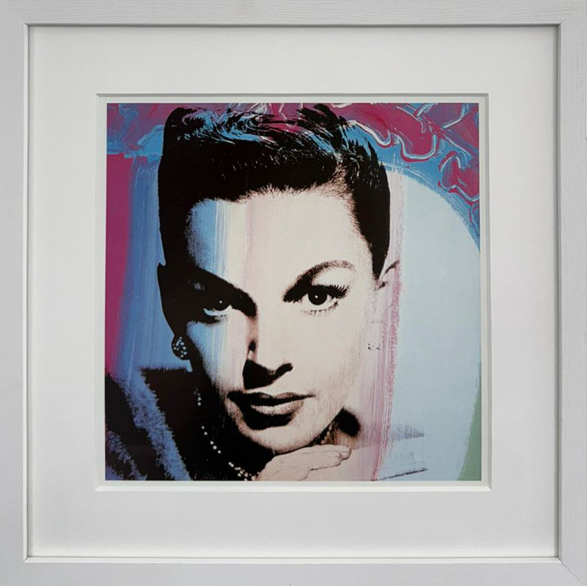 Andy Warhol's Judy Garland portrait, a pink and blue duotone close-up of her face