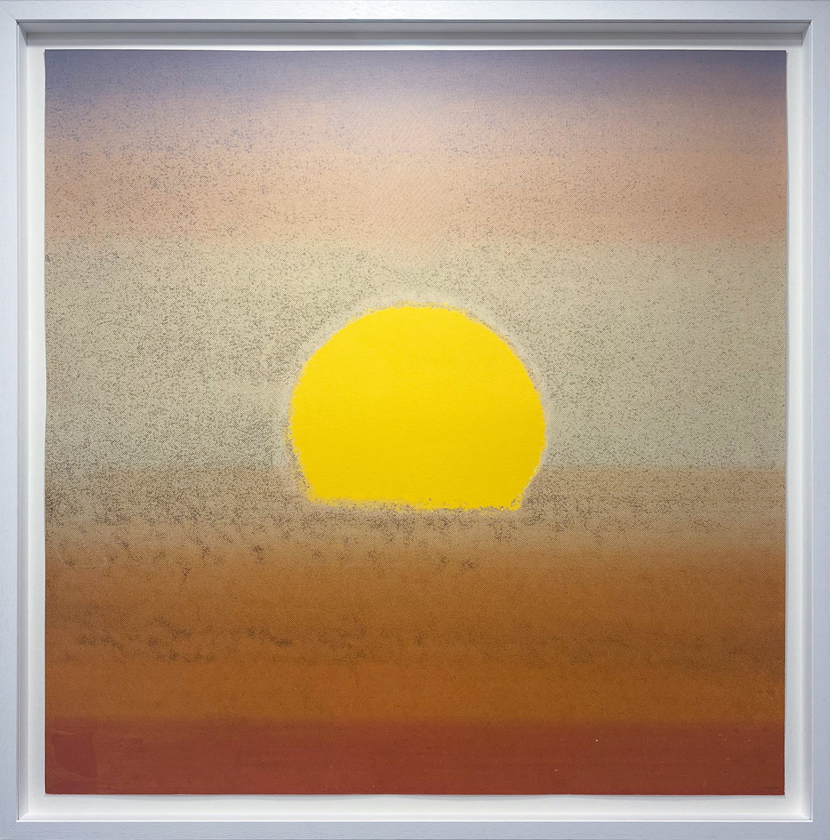After Warhol square print of a stylised sunset over water in saturated colour, from the Hotel Marquette Sunset series, framed