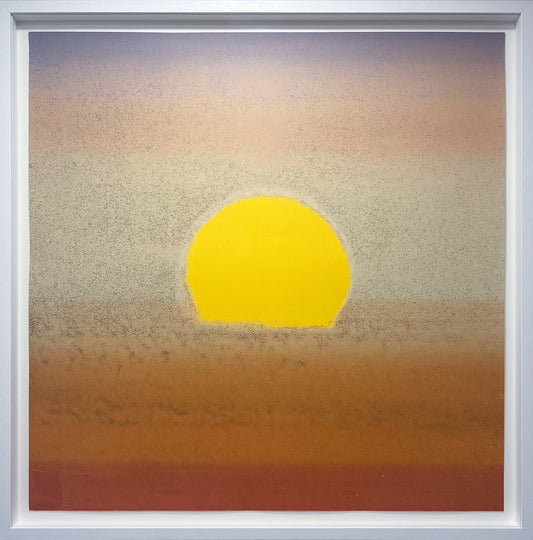 After Warhol square print of a stylised sunset over water in saturated colour, from the Hotel Marquette Sunset series, framed