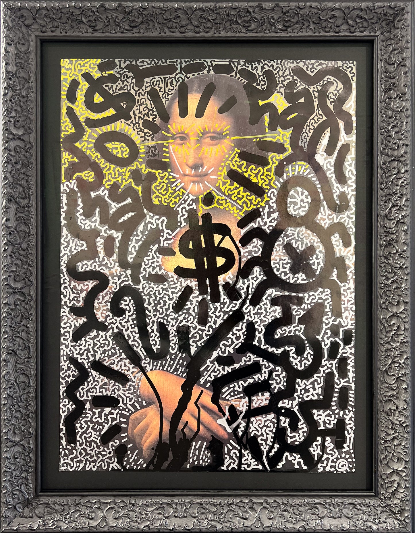 Angel Ortiz LA II Mona Haring original painting, featuring the Mona Lisa covered in graffiti tags and dollar signs, framed and available now at Creed Gallery, serving Ascot and Virginia Water.