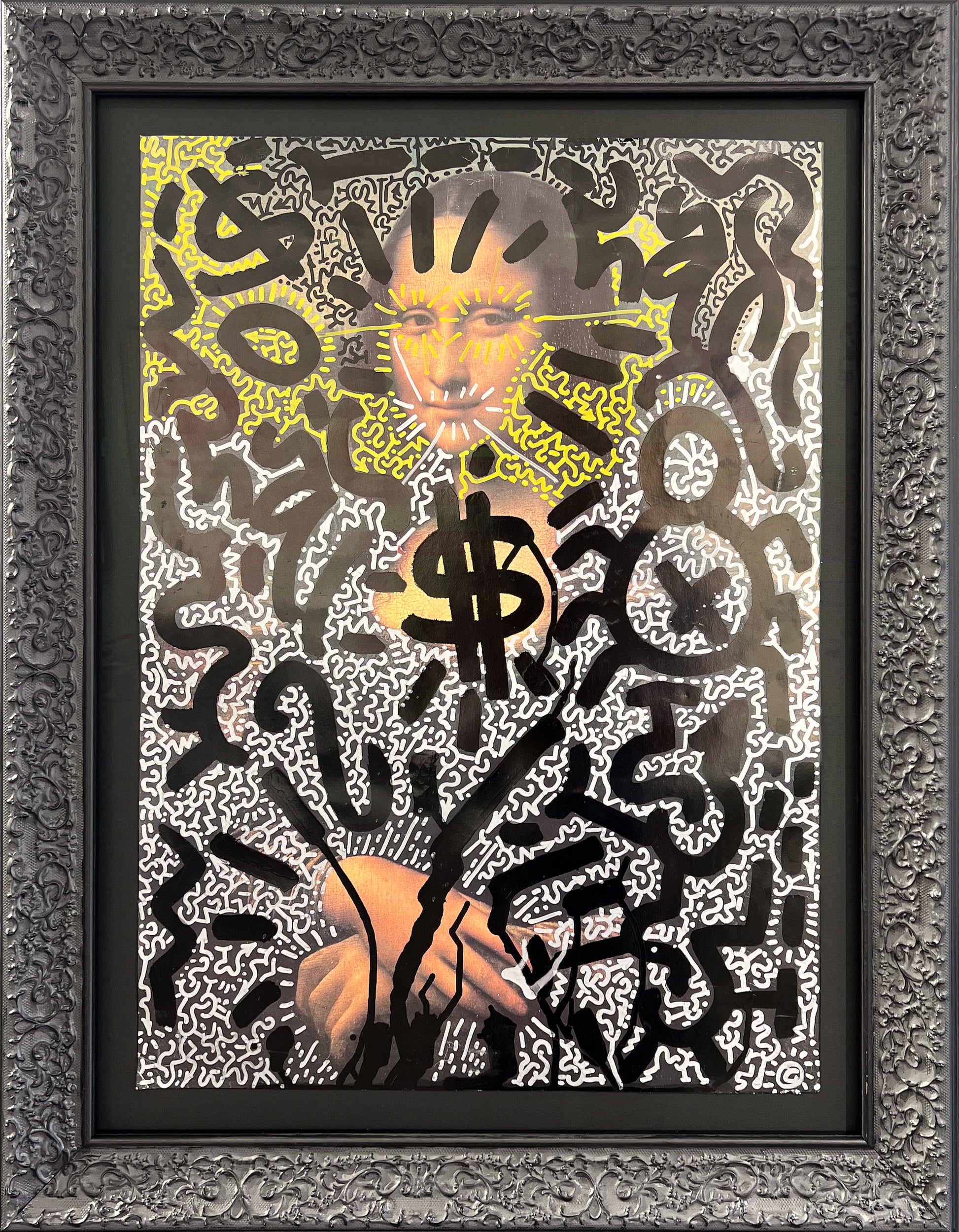 Angel Ortiz LA II Mona Haring original painting, featuring the Mona Lisa covered in graffiti tags and dollar signs, framed and available now at Creed Gallery, serving Ascot and Virginia Water.