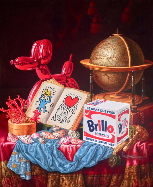 Atlas of Art by Leo Manelli, a contemporary original painting blending classical 19th-century oil techniques with modern pop icons, available at Creed Gallery Ascot serving London collectors.