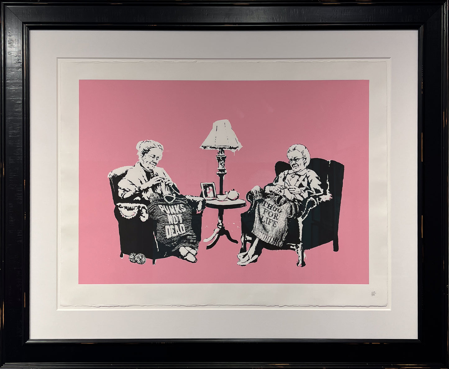 Banksy Grannies 2006 screenprint unsigned ed.500, elderly women in Thug For Life jumpers, Pest Control COA, Creed Gallery Ascot.