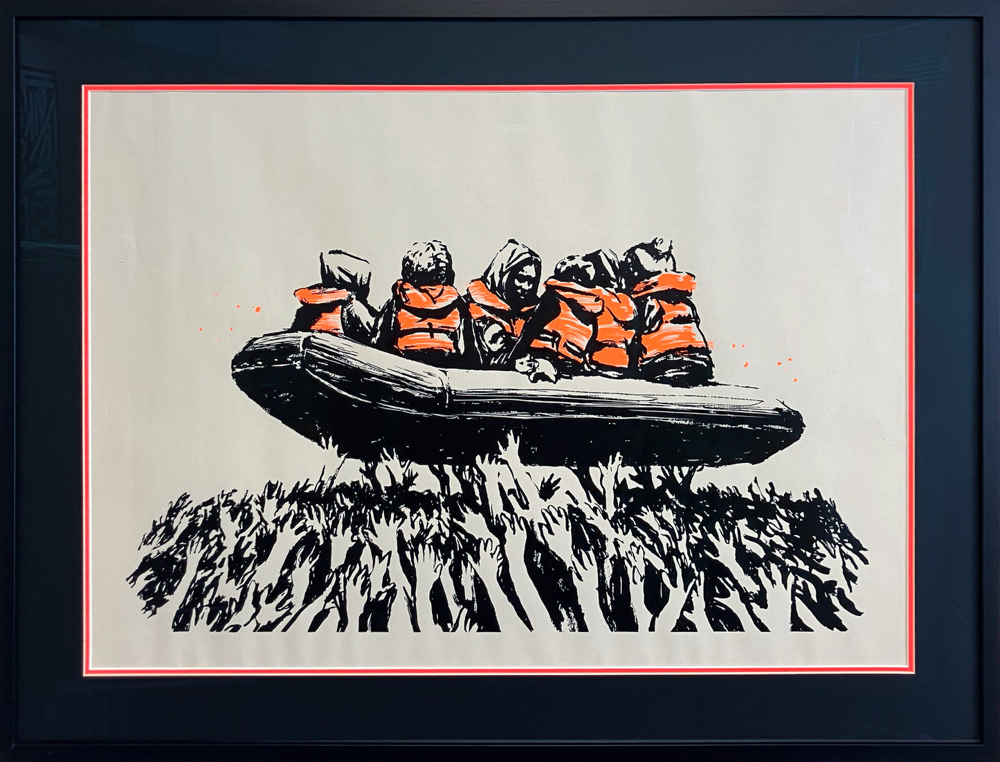 Banksy - 'Migrant Boat (Glastonbury 2025)' - Framed Limited Edition Screen Print. A striking black and white illustration of figures on a boat wearing high-visibility orange life vests, famously crowd-surfed during the IDLES set at Glastonbury, available at Creed Gallery Ascot