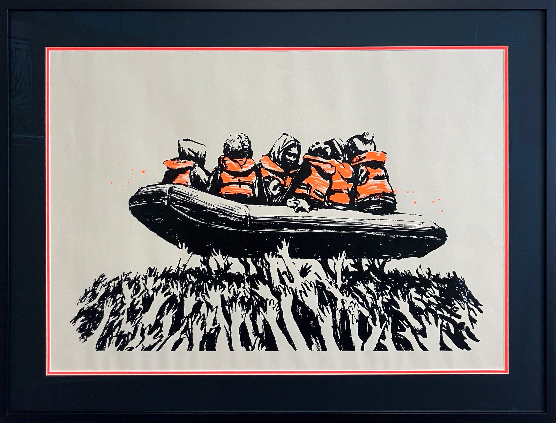 Banksy - 'Migrant Boat (Glastonbury 2025)' - Framed Limited Edition Screen Print. A striking black and white illustration of figures on a boat wearing high-visibility orange life vests, famously crowd-surfed during the IDLES set at Glastonbury, available at Creed Gallery Ascot
