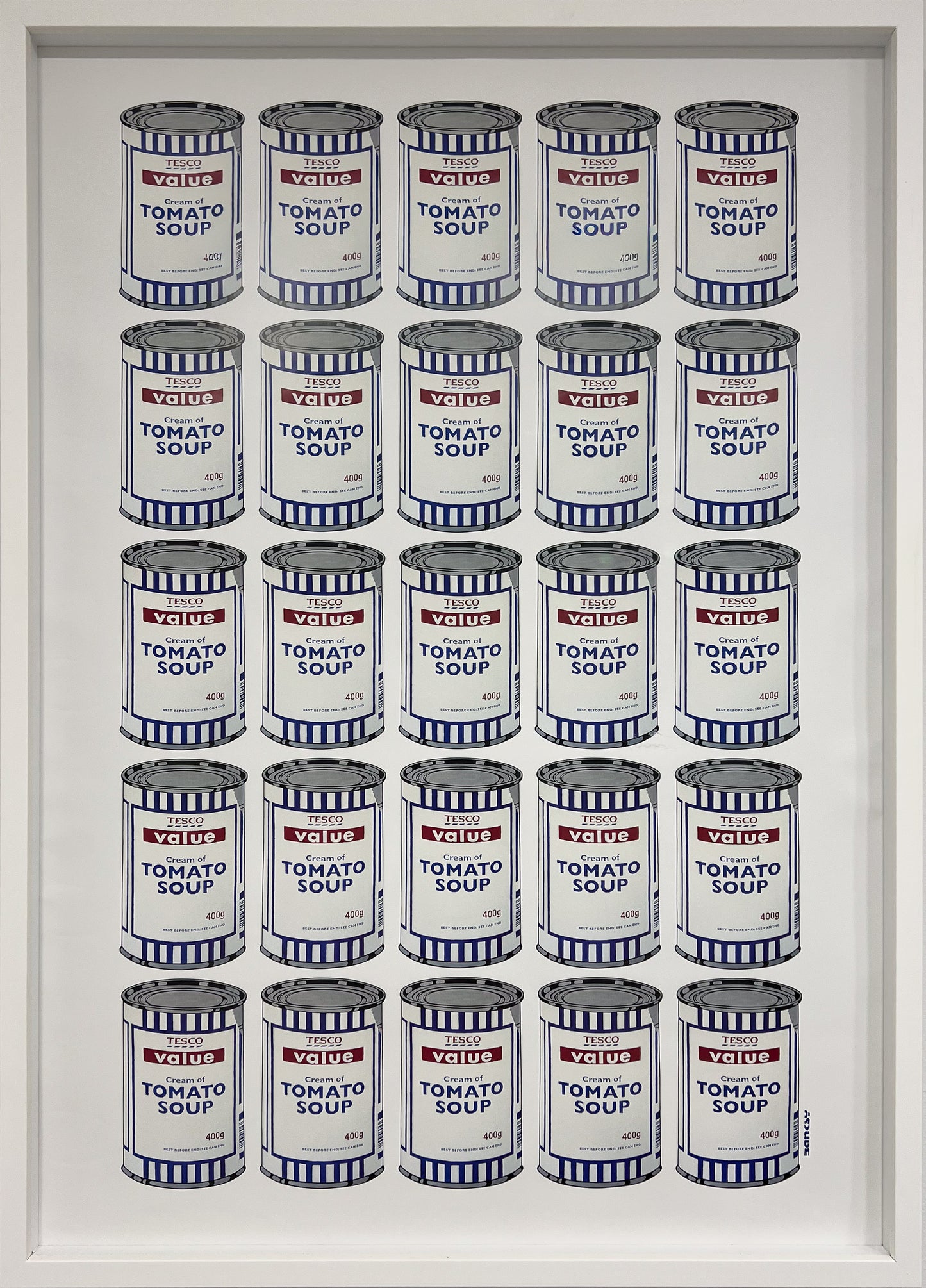Authentic Banksy Soup Cans (Tesco Value) print in a modern white frame, available at Creed Gallery Ascot, serving Berkshire, Surrey, and London.