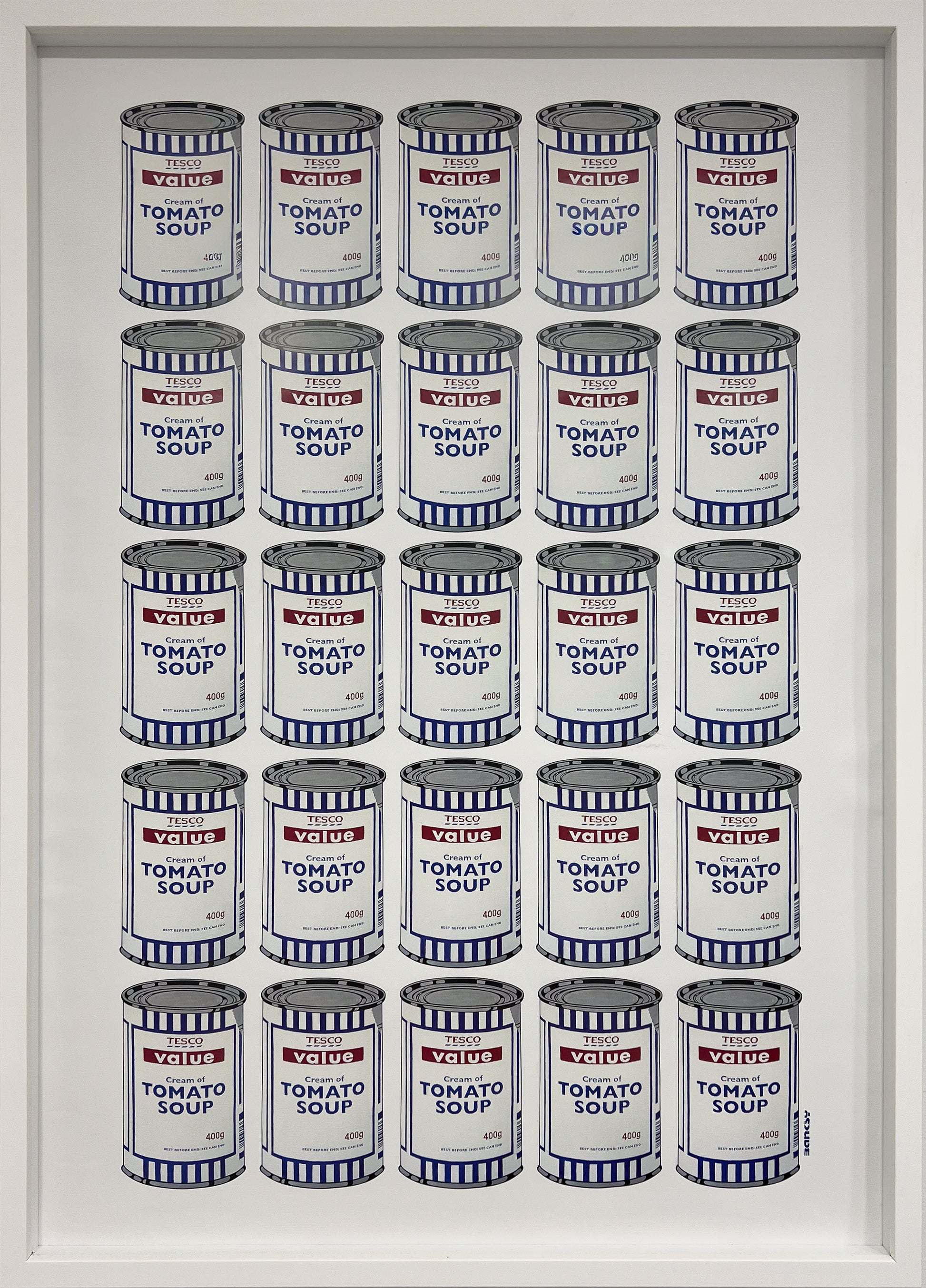 Authentic Banksy Soup Cans (Tesco Value) print in a modern white frame, available at Creed Gallery Ascot, serving Berkshire, Surrey, and London.