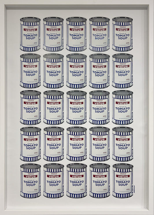Authentic Banksy Soup Cans (Tesco Value) print in a modern white frame, available at Creed Gallery Ascot, serving Berkshire, Surrey, and London.