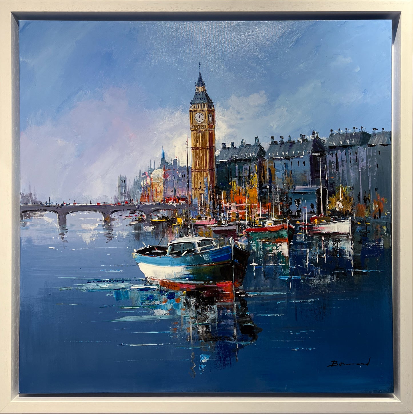 Framed in a white frame, Big Ben, London IV, an original Impressionist oil painting by Bernard featuring the London skyline and reflections in the water.