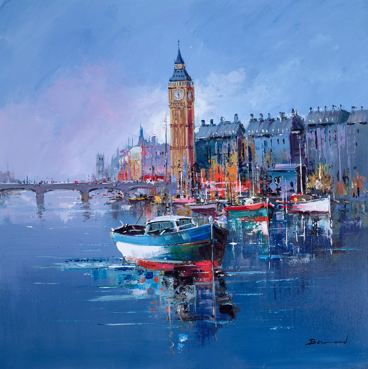 Big Ben London IV, a contemporary urban art piece featuring the Elizabeth Tower in a vibrant modern style, available at Creed Gallery Ascot.