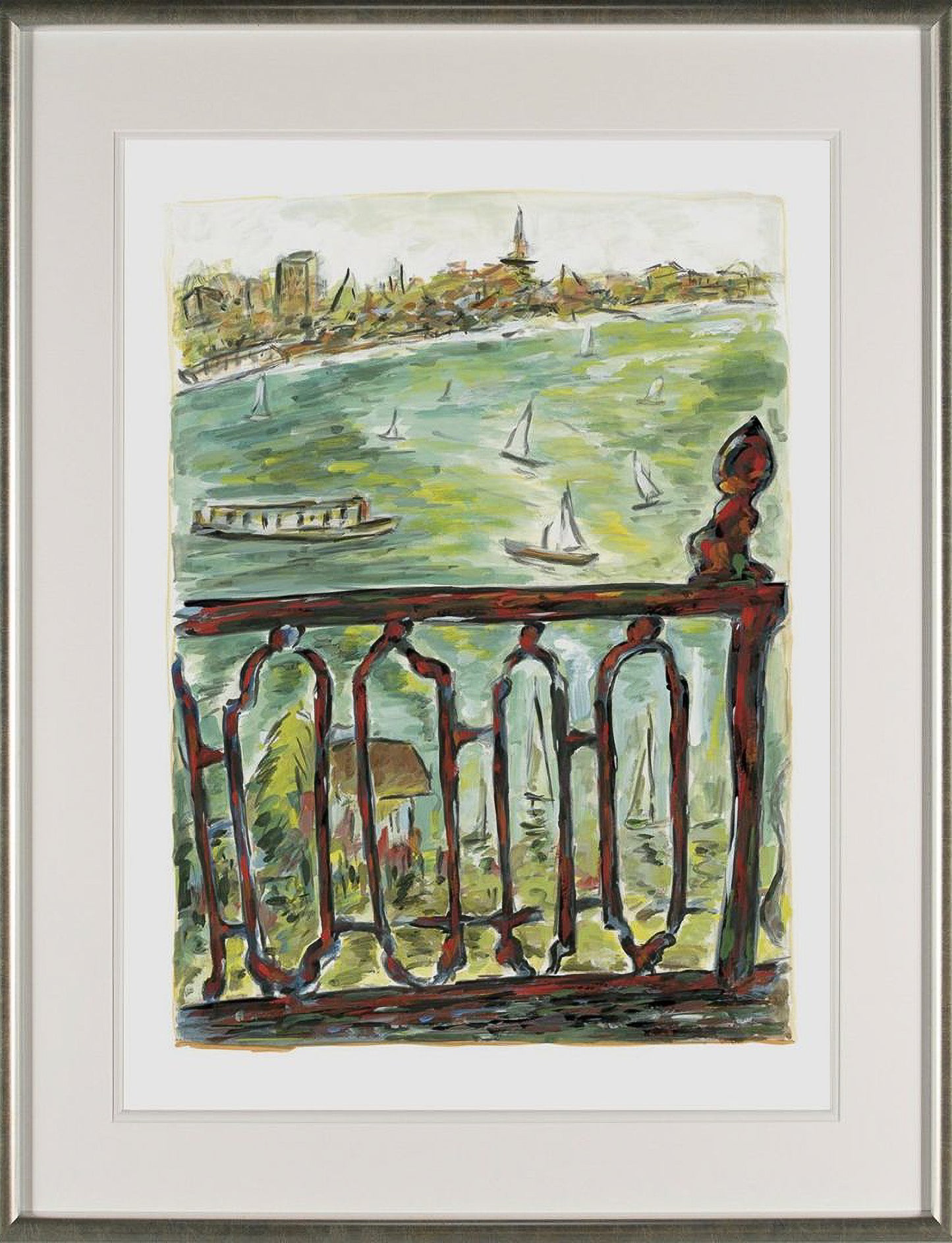 Signed limited edition giclée print 'Vista From Balcony (2010)' by Bob Dylan, depicting a vibrant cityscape with yachts and a railing in the foreground, part of The Drawn Blank Series.