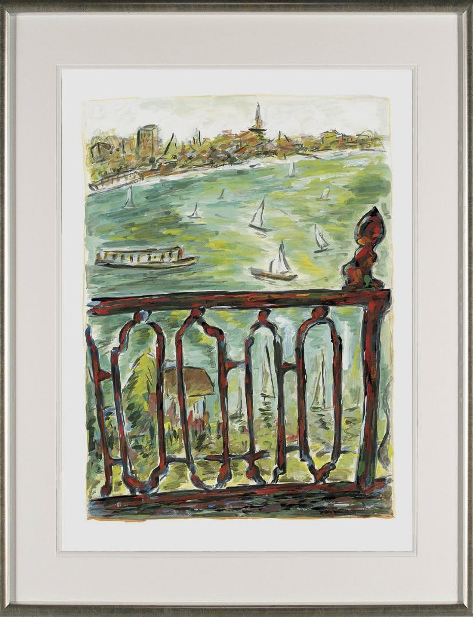 Signed limited edition giclée print 'Vista From Balcony (2010)' by Bob Dylan, depicting a vibrant cityscape with yachts and a railing in the foreground, part of The Drawn Blank Series.