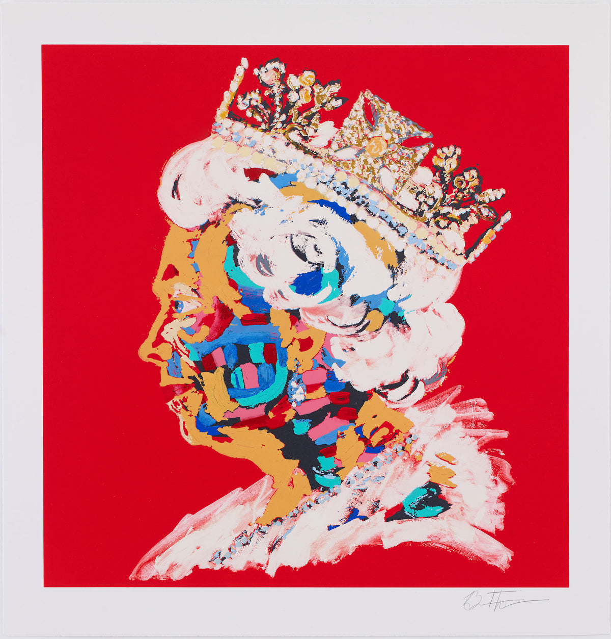 Bradley Theodore Eternal Queen in Cardinal Red, a profile portrait of Queen Elizabeth II wearing the Diamond Diadem