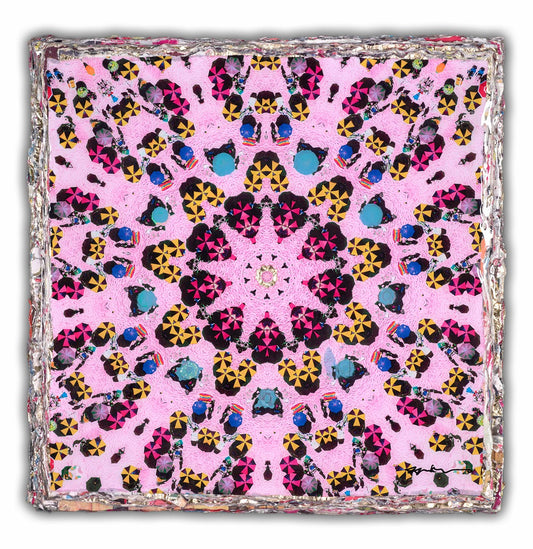 Original mixed-media painting "Celestial Surveillance II" by Bram Reijnders, featuring a large-scale urban collage of billboard posters with high-gloss resin finish and vibrant pop art motifs.