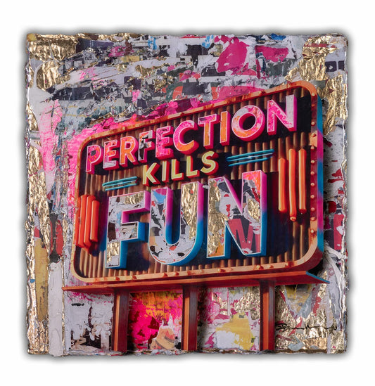 Original mixed-media painting "Perfection Kills Fun" by Bram Reijnders, featuring a large-scale urban collage of billboard posters with a central character and high-gloss resin finish.
