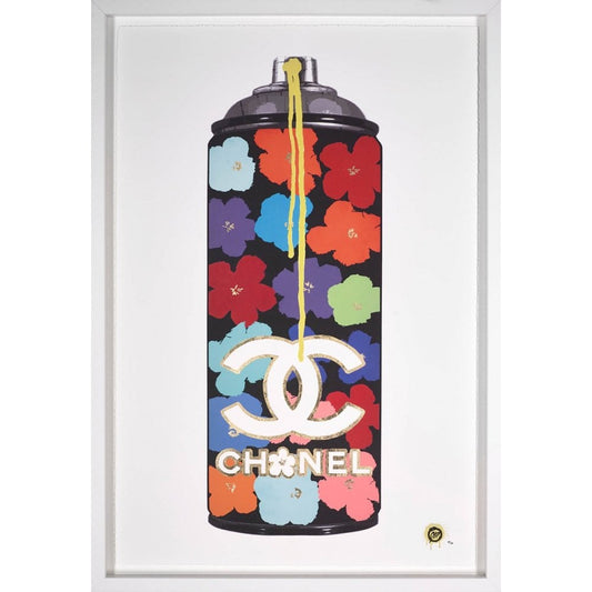 Framed original painting 'Bottled Chic' by Campbell La Pun, featuring luxury fashion iconography in a bespoke frame, available at Creed Gallery serving Berkshire.