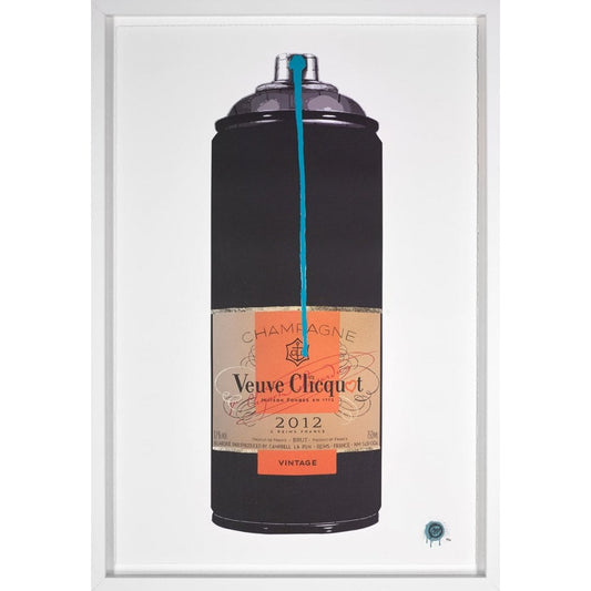 Bespoke framed edition of 'Modern Vintage' by Campbell La Pun, featuring a blue and black pop art champagne motif in a white contemporary frame, available at Creed Gallery Berkshire.