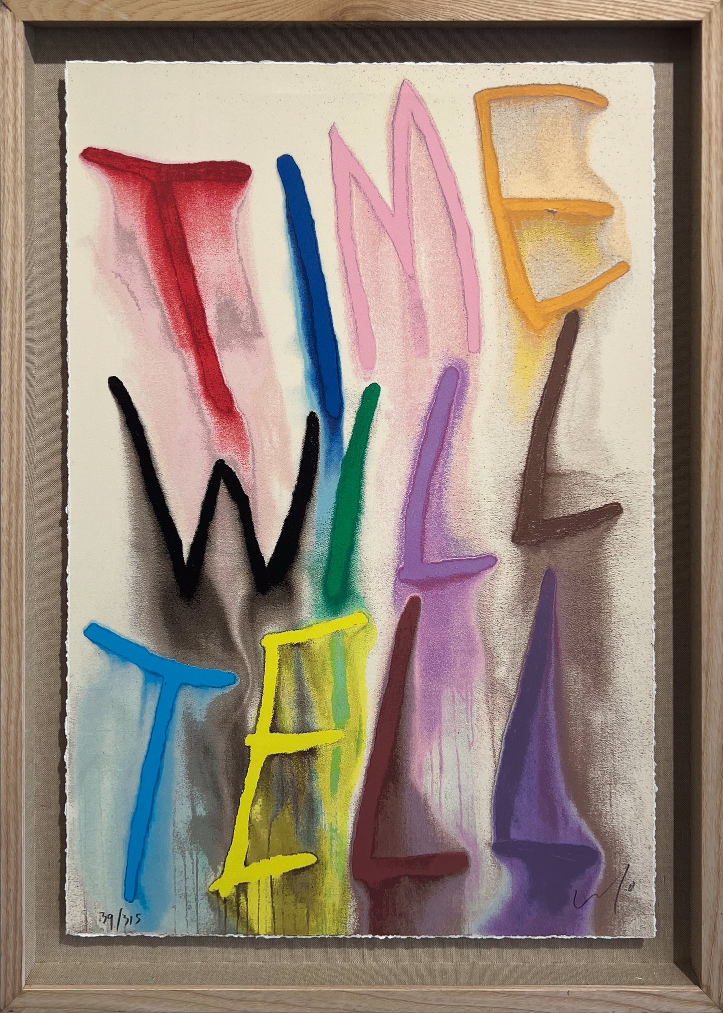 CB Hoyo 'Time Will Tell' original satirical painting on display at Creed Gallery Ascot. Hand-painted text on canvas by internationally acclaimed contemporary artist CB Hoyo.