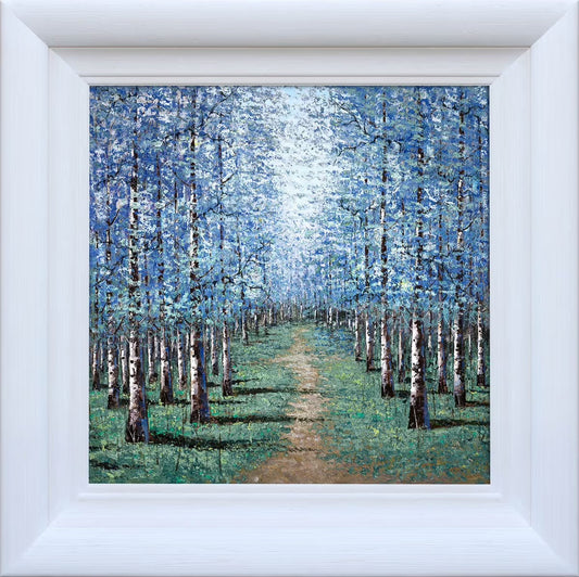 "Cerulean Dreams" by Inam, an original atmospheric landscape painting featuring a misty birch forest in shades of blue and silver, available at Creed Gallery Ascot.