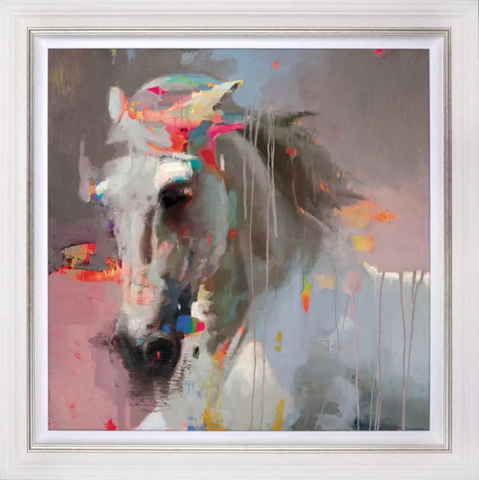 Christian Hook 'Cielo De Naranjos' hand-signed, hand-embellished limited edition equestrian painting on canvas, featuring an abstract horse subject on a textured grey background with colourful accents, available at Creed Gallery in Surrey.
