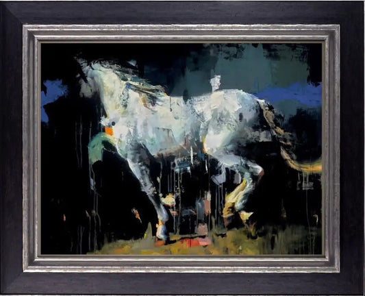 A large, hand-signed limited edition equestrian painting by Christian Hook titled 'Two Blues and an Orange,' featuring an abstract study of a horse with vibrant orange and blue highlights, professionally presented in a bespoke dark frame for sale at Creed Gallery in Surrey.