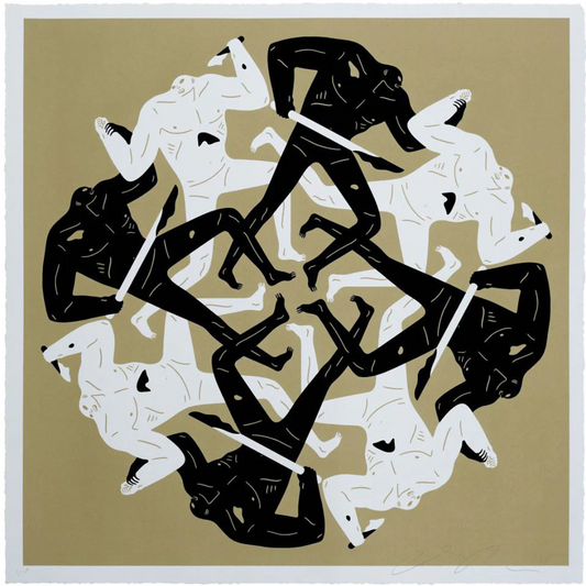 'Eclipse (Gold)' by Cleon Peterson, a limited edition hand-pulled screen print featuring shadow figures in gold and black, unframed, available at Creed Gallery Ascot.