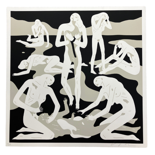 Virgins (White) by Cleon Peterson, a signed limited edition silkscreen print on fine art paper with deckled edges, featuring stylized monochrome figures, available at Creed Gallery.