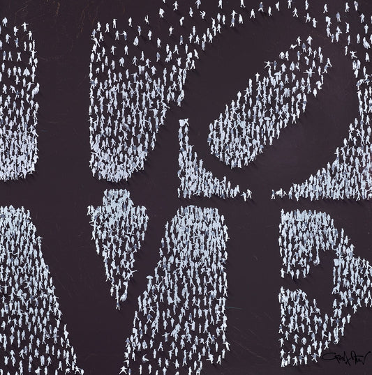‘Everyone’ by Craig Alan – A large original acrylic on box canvas featuring hundreds of miniature hand-painted figures forming the word 'LOVE' against a dark background with Westminster and Big Ben silhouettes, available at Creed Gallery Ascot.
