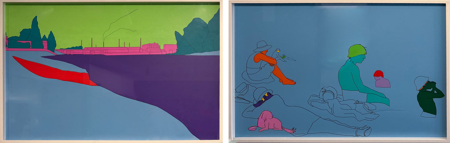 Sir Michael Craig-Martin's Deconstructing Seurat (Blue) pair, 2004 — the industrial landscape and beach bathers screenprints shown together, each signed from an edition of 40