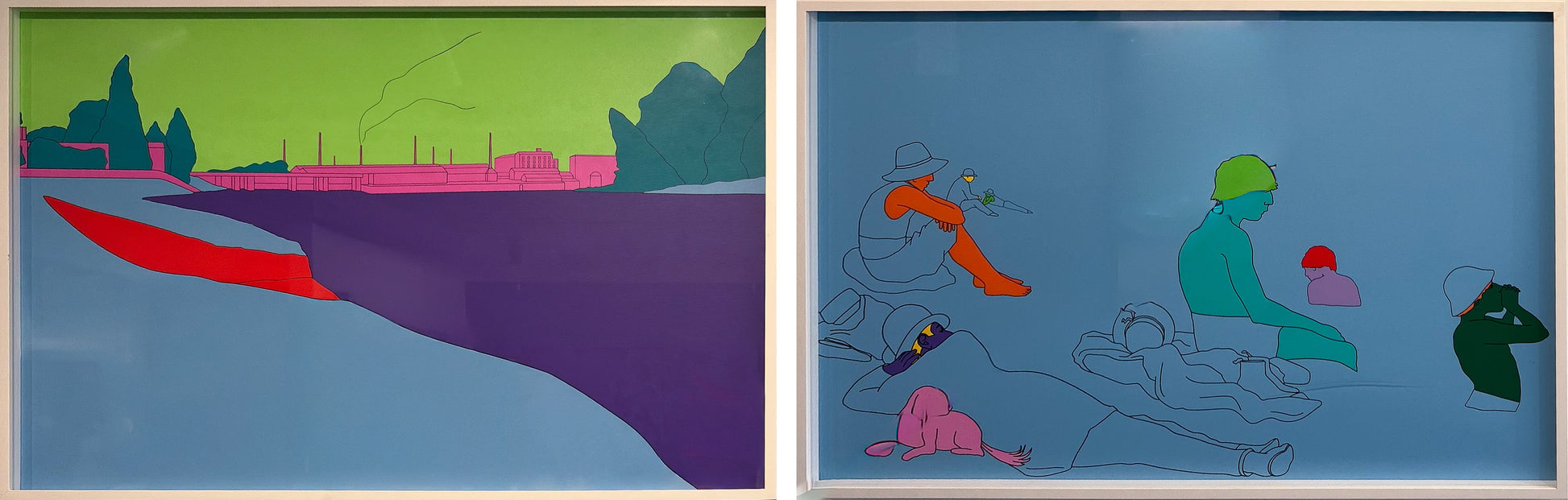 Sir Michael Craig-Martin's Deconstructing Seurat (Blue) pair, 2004 — the industrial landscape and beach bathers screenprints shown together, each signed from an edition of 40